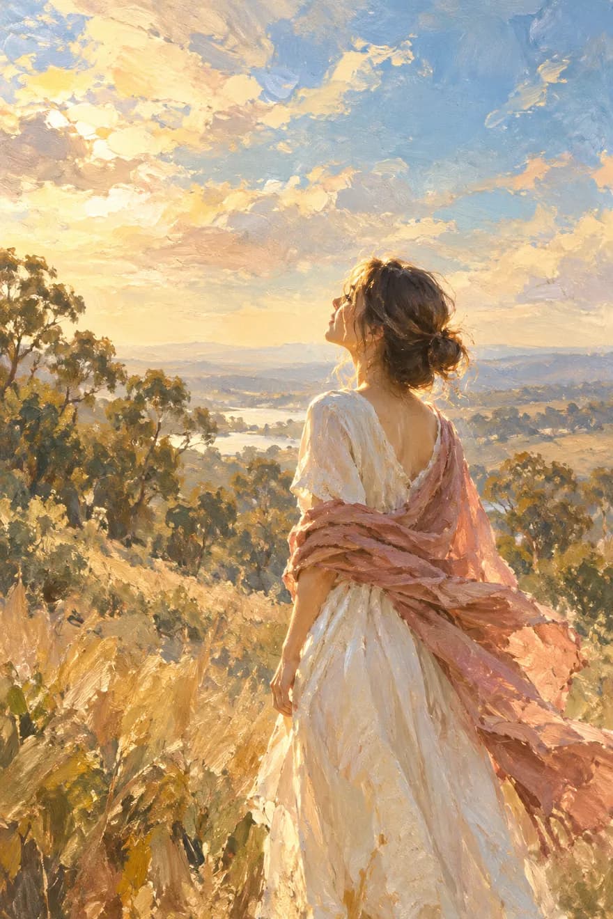 An oil painting of a woman in a white dress and rose shawl standing on a sunlit hillside, looking up at a golden sky above a valley