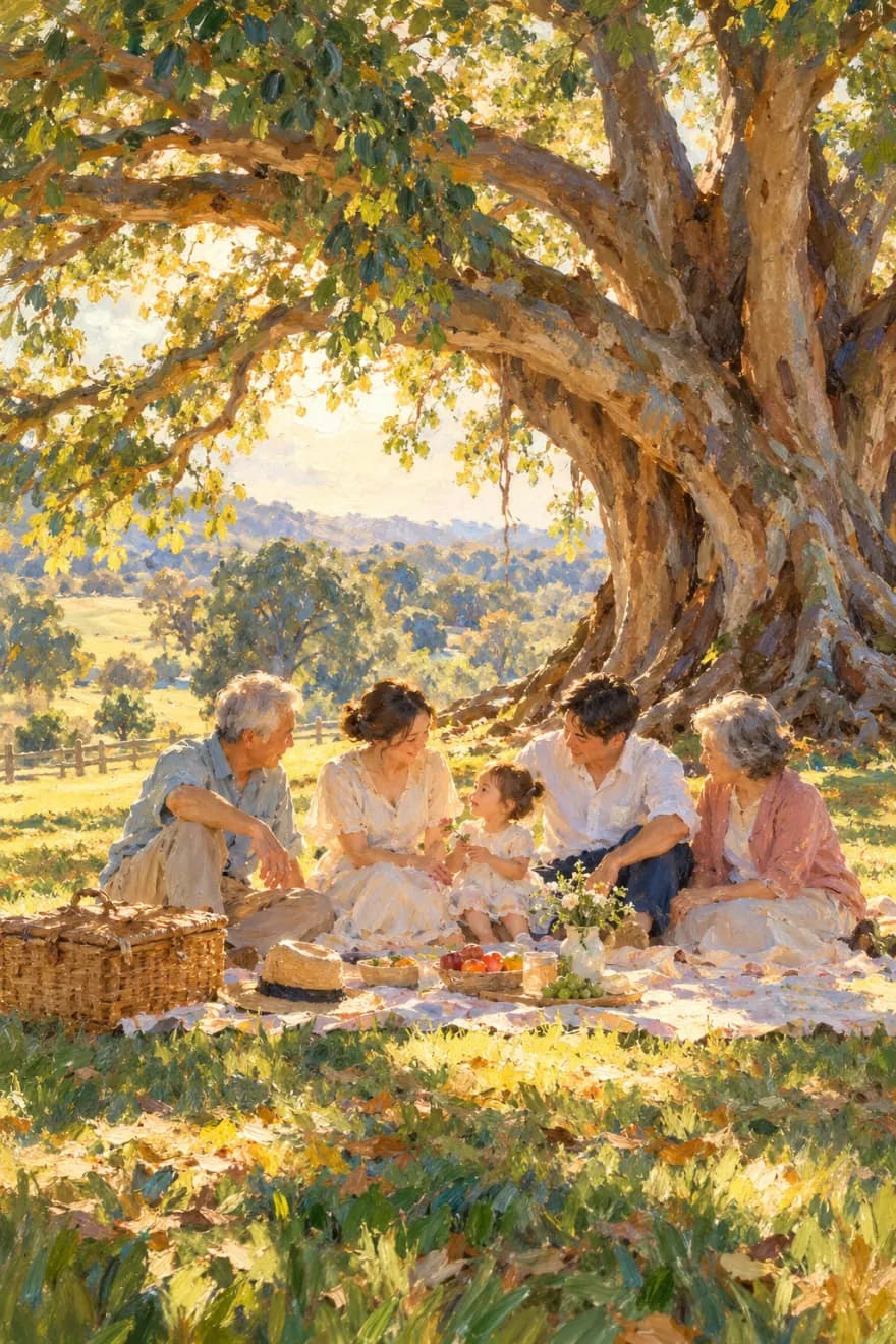 An oil painting of three generations of a family sharing a picnic on the grass beneath a large gum tree