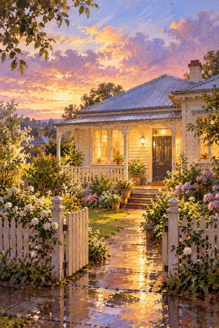 油画:雨后黄昏,一座带游廊的白色木板小屋,每扇窗户透出暖光,门廊灯亮着,屋前有白色尖桩栅栏和花园,湿漉漉的小径映着灯光,天空是薰衣草紫与金色