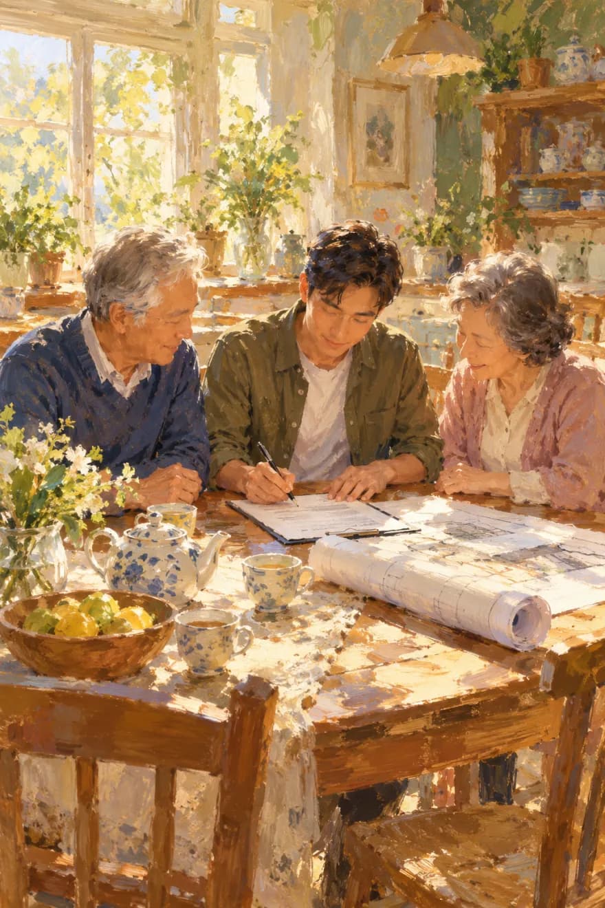 An oil painting of a young man signing papers at a kitchen table with an older couple beside him, rolled house plans and a teapot on the table
