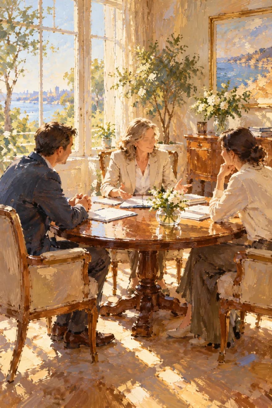 An oil painting of a woman and a man seated across a round table from a mediator in a sunlit room, with papers and white flowers on the table
