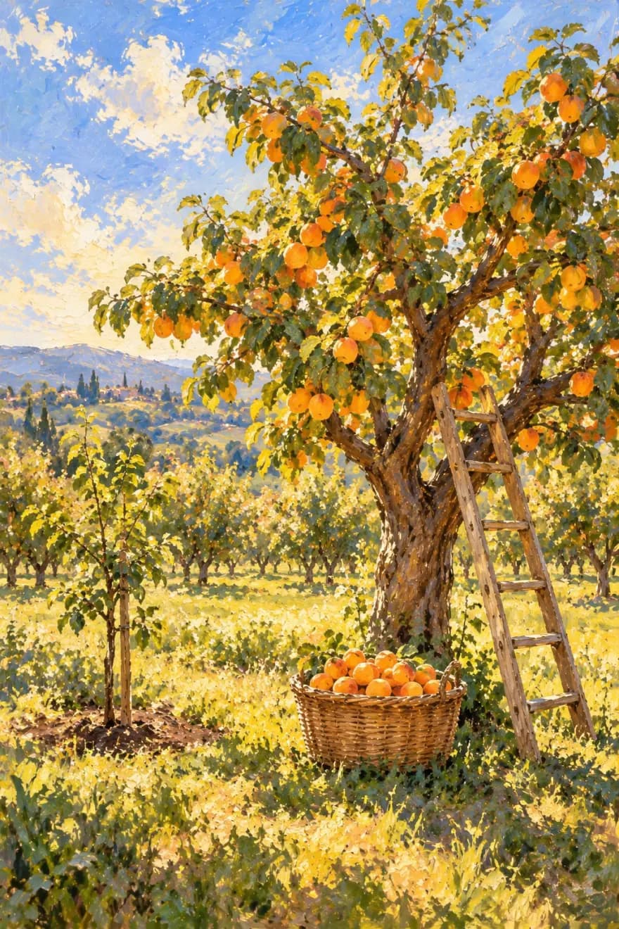 An oil painting of a sunlit orchard where a mature apricot tree hangs heavy with fruit, a full basket of apricots and a wooden ladder at its foot, and a newly planted young sapling growing beside it
